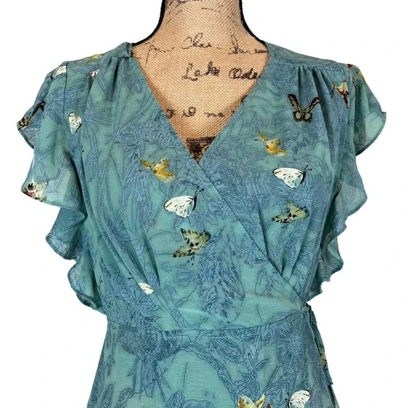 Anthropologie Feather Bone Osuna Wrap Dress Women's M Teal Butterfly Print - Picture 6 of 12